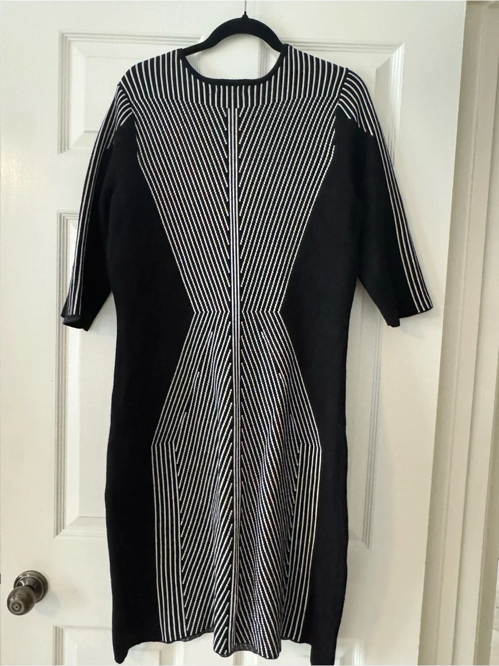 Black & White Striped Midi Dress with Geometric Paneling